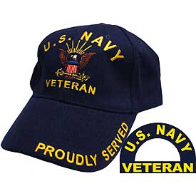 U.S. Navy Veteran cap in navy blue with gold embroidered lettering and official Navy emblem, adjustable baseball hat for military veterans and supporters.