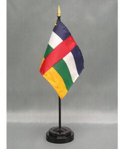 Central African Republic 4x6" fine polyester flag, hemmed on all sides and mounted to a 10" black plastic staff with a gold spear top.