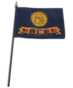 4 in. X 6 in. Georgia (2001-2003) state stick flag Mounted on a 10 in. Black Staff with Gold Spear tip