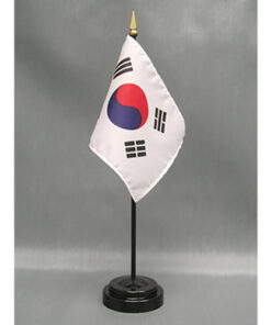 South Korea 4x6" fine polyester flag, hemmed on all sides and mounted to a 10" black plastic staff with a gold spear top.