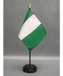 Nigeria 4x6" fine polyester flag, hemmed on all sides and mounted to a 10" black plastic staff with a gold spear top.